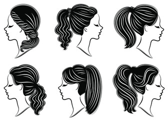 Collection. Silhouette of the head of a lovely lady. The girl demonstrates her pech hairstyle for long and medium hair. Suitable for logo, advertising. Vector illustration set.