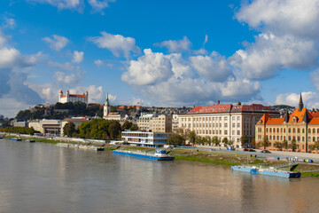 Fototapeta na wymiar Bratislava, City view, castle from the Danube river.