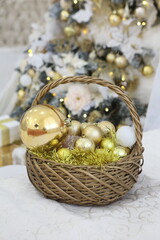 christmas decorations in a basket