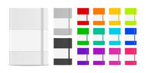 Vector 3d Realistic Closed Blank Paper Notebook Set Isolated on White Background. Design Template of Copybook with Elastic Band for Mockup, Advertise, Logo Print. Front View