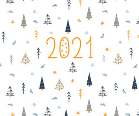 New year banner with funny Christmas trees. Holiday poster. Vector hand drawn illustration.