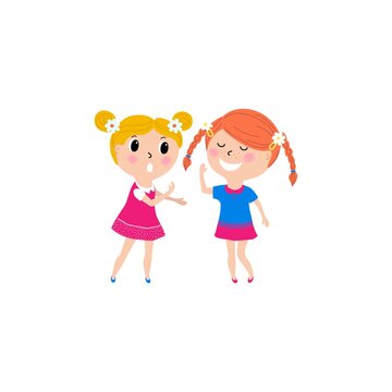 Vector illustration of two little girls talking, cartoon design isolated on white background