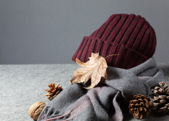 Fototapeta na wymiar Background on an autumn theme. A knitted hat, wrapped gray warm scarf with an autumn yellow leaves and pine cones are on a gray background. Free space for text.