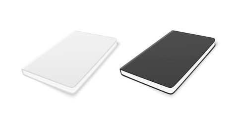 Vector 3d Realistic White and Black Closed Blank Paper Notebook Set Isolated on White Background. Design Template of Copybook for Mockup, Advertise, Logo Print. Top Isometric View