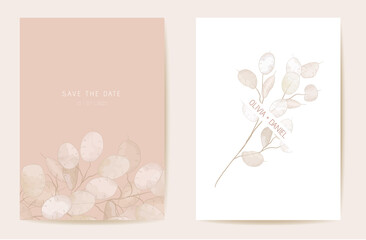Wedding dry honesty flower invitation. Watercolor floral boho lunaria card. Botanical Save the Date