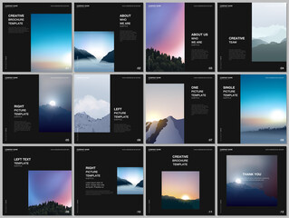 Brochure layout of square covers templates for square flyer leaflet, brochure design, presentation, magazine. Fog, sunrise in morning and sunset in evening. Nature landscape backgrounds with mountains