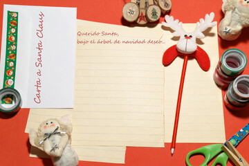 Letter, greeting card to Santa Claus in Spanish. Translation of Spanish text is: Letter to Santa Claus. Dear Santa, under the Christmas tree I wish...