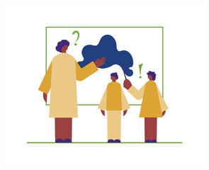 Teacher tutoring elementary school pupils course of geography showing map. Students answer questions pointing to blackboad