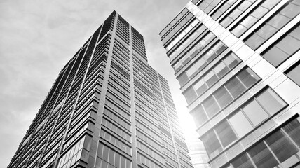 Abstract modern architecture with high contrast black and white tone. Architecture of geometry at glass window - monochrome. Black and white.