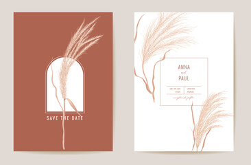 Art deco modern wedding invitation pampas grass card. Autumn boho watercolor template