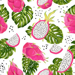 Seamless dragon fruits pattern, watercolor pitaya and monstera leaves background. Hand drawn summer tropic