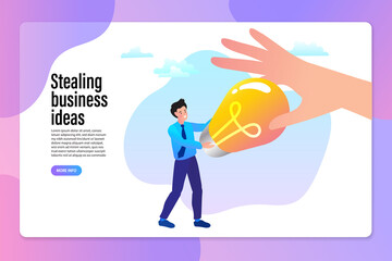 Bandit stealing idea from a man. Hand of Thief taken lightbulb from head businessman, steal idea concept. Stealing light bulbs. vector illustration. Flat design style.