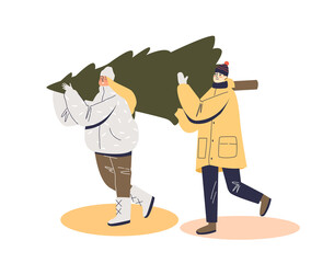 Young couple in warm clothes carry fir tree for Christmas eve from pine tree market