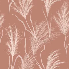 Wall murals Boho style Watercolor floral autumn background. Dry pampas grass seamless vector pattern. Boho fall texture illustration