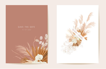 Wedding dried lunaria, orchid, pampas grass floral invitation. Vector Exotic dried flowers, palm leaves boho card