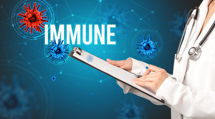doctor prescribes a prescription with IMMUNE inscription, pandemic concept