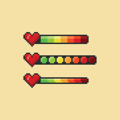 Pixel art vector illustration set - red heart and health bar color indicator, 8 bit game design hud graphic sprite