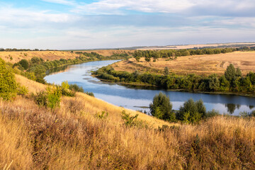 Turn of the Sosna river, view from the high bank near the village of Chernava, Lipetsk region, Russia 