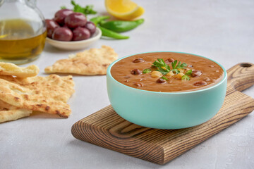 Obraz na płótnie Canvas Fava beans dip, traditional egyptian, middle eastern food foul medames