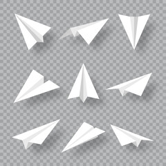 Realistic handmade paper planes collection on transparent background. Origami aircraft in flat style. Vector illustration.