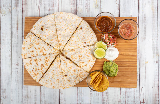 Mexican Food Beef Quesadilla Top View Shot on a Wooden Table