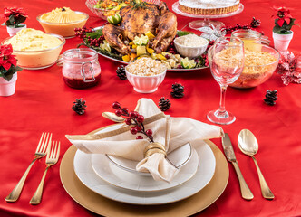 Thanksgiving or Christmas Holiday Turkey Set on a Red Table