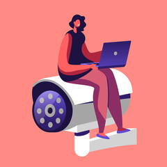 Tiny Female Character with Laptop in Hands Sit at Huge Video Camera. Woman Use Surveillance System for Protection Home
