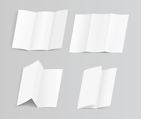 Set of blank trifold paper brochure mock-up on soft gray background with shadows