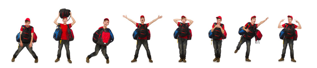 Young traveller with backpack isolated on white