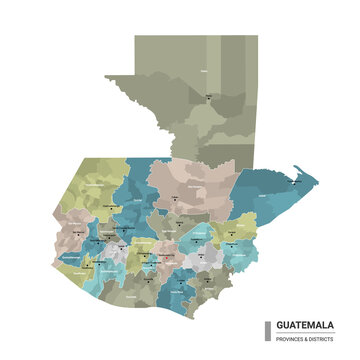 Guatemala higt detailed map with subdivisions. Administrative map of Guatemala with districts and cities name, colored by states and administrative districts. Vector illustration.