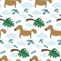Seamless vector pattern with horse, tree, cloud and birds. Wallpaper or textile design. Kids cute illustration.