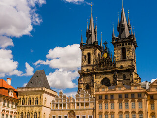 Fototapeta na wymiar Stunning architectures of Prague old town sqaure with Church of Mother God before Tyn, Czech Republic 