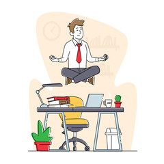 Calm Businessman Character Break in Office. Worker Meditating at Workplace. Relaxed Business Man or Employee Soar in Air