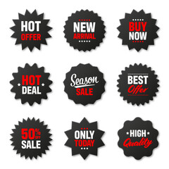Realistic black price tags collection. Special offer or shopping discount label. Retail paper sticker. Promotional sale badge. Vector illustration.