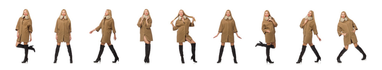 Blond hair girl in coat isolated on white