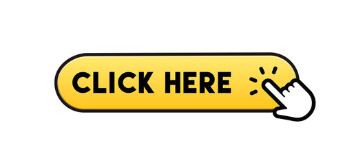 Click here button with hand clicking icon. 3d shiny style vector.