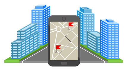 Map navigation, smartphone map application and red pinpoint on screen - Vector