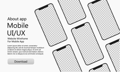 Phone mockup with transparent screen. Realistic smartphone template set. Modern mock up for mobile app, infographics or presentation UI/UX design interface. Vector illustration.