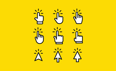 Clicking icons collections. Hand and arrow click icon. Cursor set.