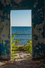 Black sea coast in the area of the Thin Cape of the city of Gelendzhik. Photo of an abandoned rescue station.