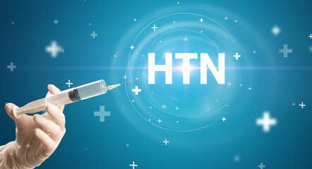 Syringe needle with virus vaccine and HTN abbreviation, antidote concept