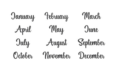 Handwritten names of months: December, January, February, March, April, May, June, July, August, September, October, November. Calligraphy words for calendars and organizers.