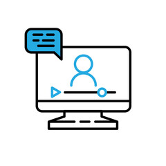 Online lesson icon. Video training symbol. Linear vector icon. Person talking in screen.