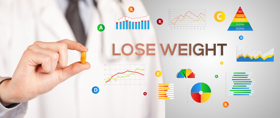 Nutritionist giving you a pill with LOSE WEIGHT inscription, healthy lifestyle concept