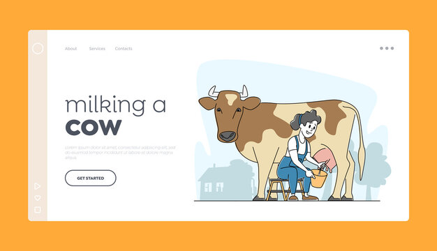 Farming Rancher Girl Working on Animal Farm Landing Page Template. Milkmaid Woman Character in Uniform Milking Cow