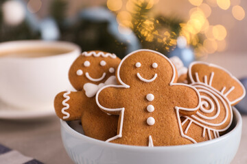 Delicious Christmas cookies in bowl, closeup view