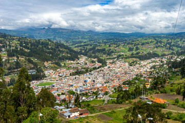 Ecuador, vieux from Sanctuary of the Virgen del Rocio down on  the village of Biblian. 