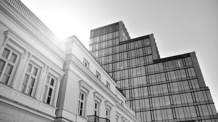 Abstract modern architecture with high contrast black and white tone. Architecture of geometry at glass window - monochrome. Black and white.