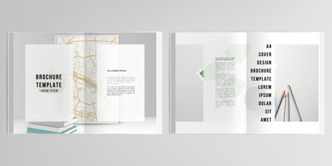Fototapeta na wymiar 3d realistic vector layout of cover mockup design templates for A4 bifold brochure, cover design, book design, magazine, brochure cover. Home office concept, study or freelance, working from home.