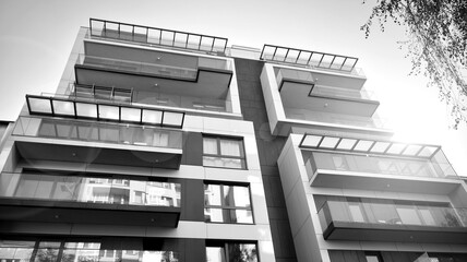 Detail of modern residential flat apartment building exterior. Fragment of new luxury house and home complex. Black and white.